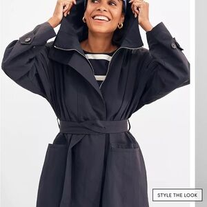 Ann Taylor Navy Blue Hooded Belted Coat petite L